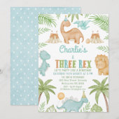 Blauw Schattige Drie Rex Dinosaurus 3e Verjaardag Kaart (Voorkant / Achterkant)