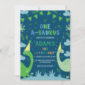 Blauw Schattige Eerste 1e Verjaardag Groene Dinosa Kaart (Voorkant)