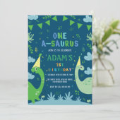 Blauw Schattige Eerste 1e Verjaardag Groene Dinosa Kaart (Staand voorkant)