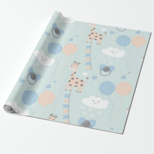 Blauw Schattige Giraffe Baby shower Cadeaupapier