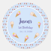 Blauw Schattige Ice Cream Cone Kinder Jongen Verja Ronde Sticker (Voorkant)