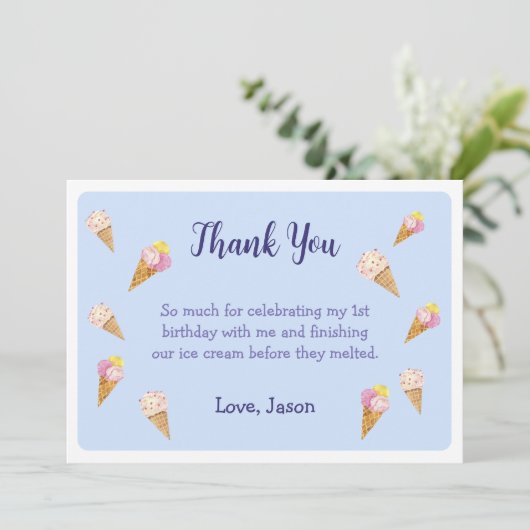 Blauw Schattige Ice Cream Cone Party Boy Verjaarda Bedankkaart (Staand voorkant)