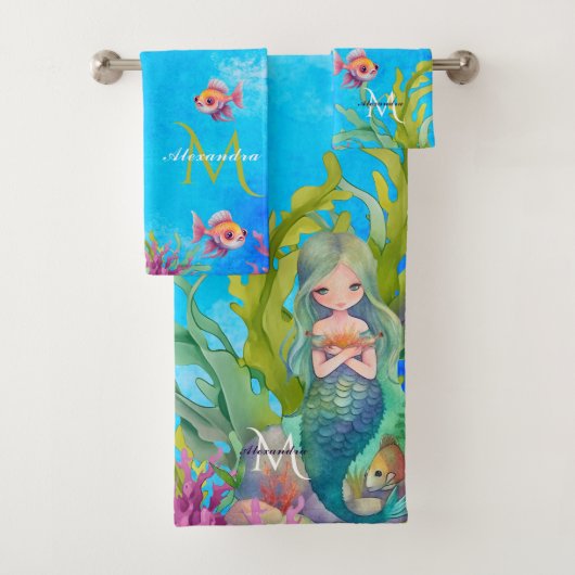 Blauw Schattige Monogram Naam Zeemeermin Bad Handdoek (Insitu)