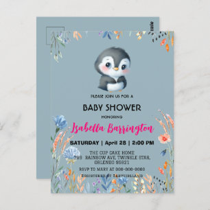 Blauw Schattige pinguïn zoet bloem baby shower kin Briefkaart