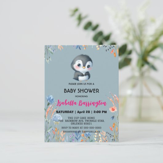 Blauw Schattige pinguïn zoet bloem baby shower kin Briefkaart (Staand voorkant)