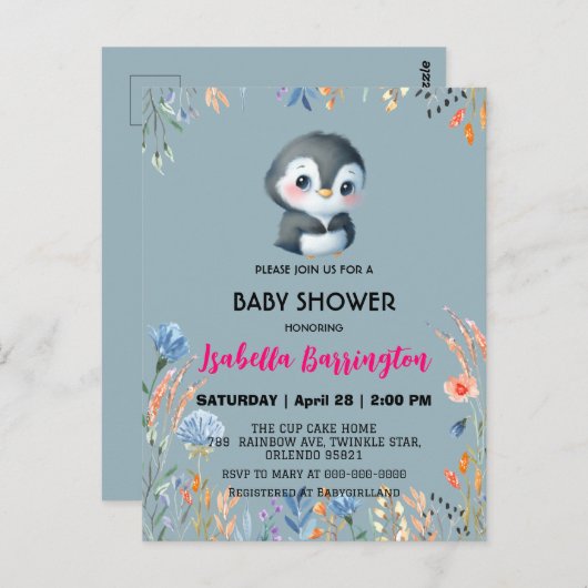 Blauw Schattige pinguïn zoet bloem baby shower kin Briefkaart (Voorkant / Achterkant)