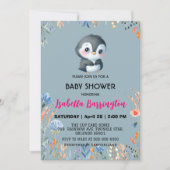 Blauw Schattige pinguïn zoet bloem baby shower kin Kaart (Voorkant)
