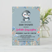 Blauw Schattige pinguïn zoet bloem baby shower kin Kaart (Staand voorkant)