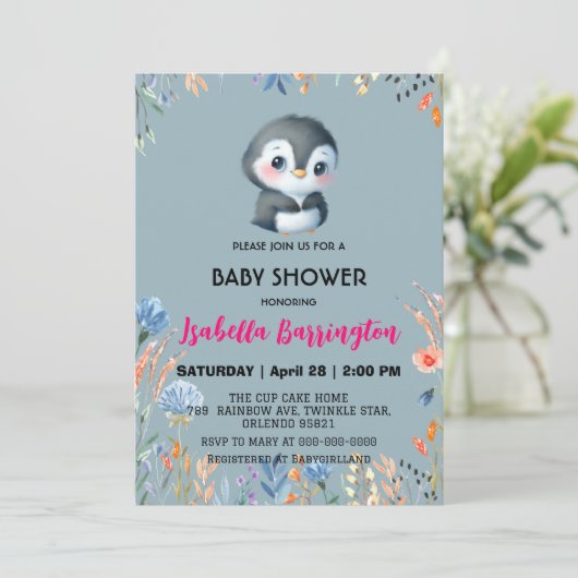Blauw Schattige pinguïn zoet bloem baby shower kin Kaart (Staand voorkant)