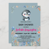 Blauw Schattige pinguïn zoet bloem baby shower kin Kaart (Voorkant / Achterkant)