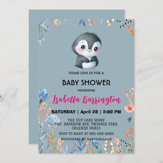 Blauw Schattige pinguïn zoet bloem baby shower kin Kaart (Voorkant / Achterkant)