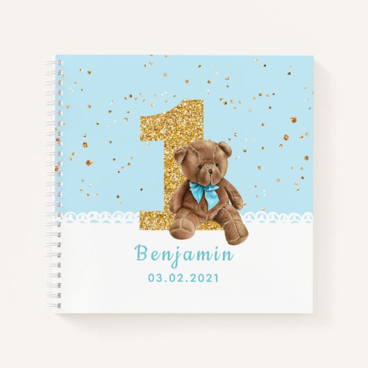 Blauw Schattige Teddy Bear 1e Verjaardag Gastenboe Notitieboek (Voorkant)