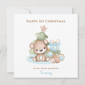 Blauw Schattige Teddy Bear Boy Eerste Kerstmis Kaart (Voorkant)