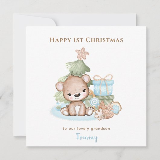 Blauw Schattige Teddy Bear Boy Eerste Kerstmis Kaart (Voorkant)