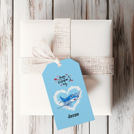 Blauw Schattige Vliegtuig & Wolken, Kinder Valenti Cadeaulabel
