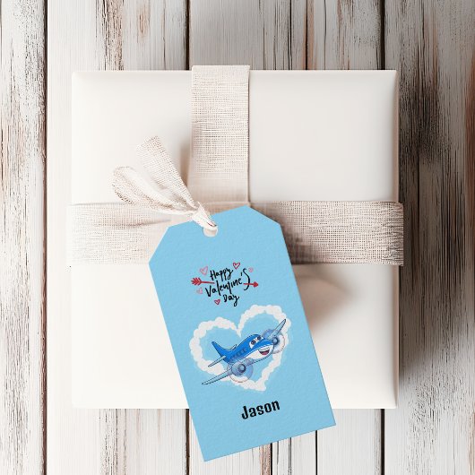Blauw Schattige Vliegtuig & Wolken, Kinder Valenti Cadeaulabel