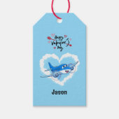 Blauw Schattige Vliegtuig & Wolken, Kinder Valenti Cadeaulabel (Voorkant)