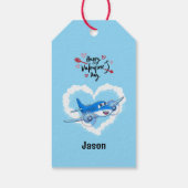 Blauw Schattige Vliegtuig & Wolken, Kinder Valenti Cadeaulabel (Achterkant)