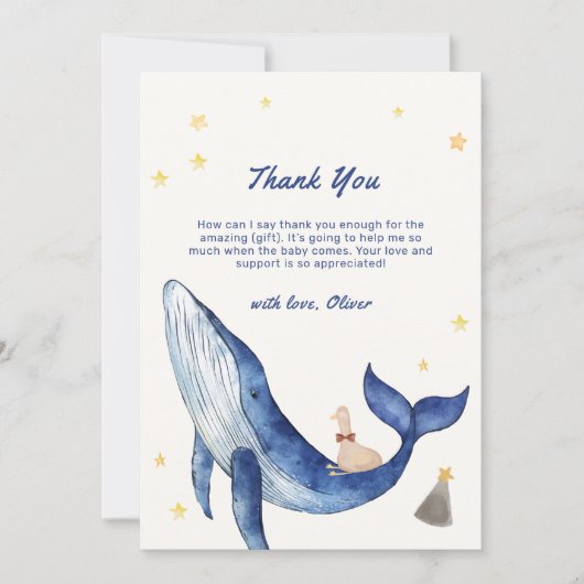 Blauw Schattige Whimsical Duck Stars Whale Baby sh Bedankkaart (Voorkant)