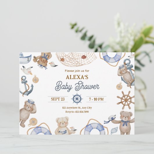 Blauw Schattige zeiler baby shower Kaart (Staand voorkant)