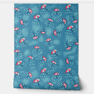 Blauw Schattigee paraplu regenachtig weer Kinder Behang