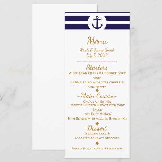 Blauw Scheepsanker & Strepen Trouwmenu Menu (Voorkant / Achterkant)
