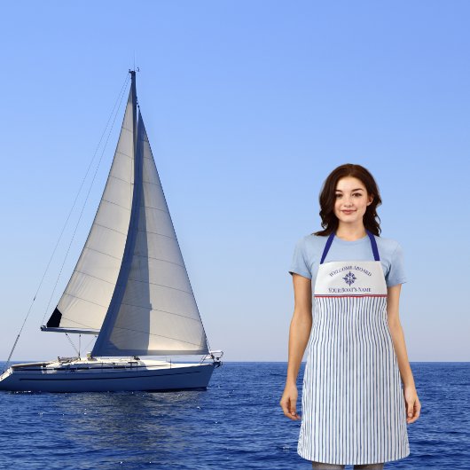 Blauw Scheepsstrepen Monogram Bootnaam Ontwerp A Schort