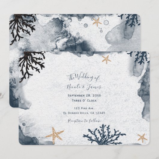 Blauw Scheepvaart Koraal Aquarel Elegant Feest Kaart (Voorkant / Achterkant)