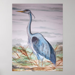 Blauw schilderij van de Waterverf Heron Poster