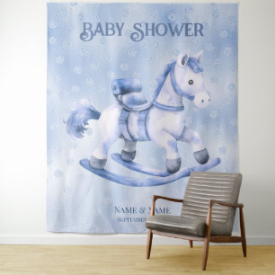 Blauw schommelend paard achtergrond wandkleed