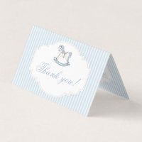 Blauw schommelend paard baby jongen douche dank u