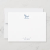 Blauw schommelend paard baby jongen kwekerij bedankkaart (Voorkant)