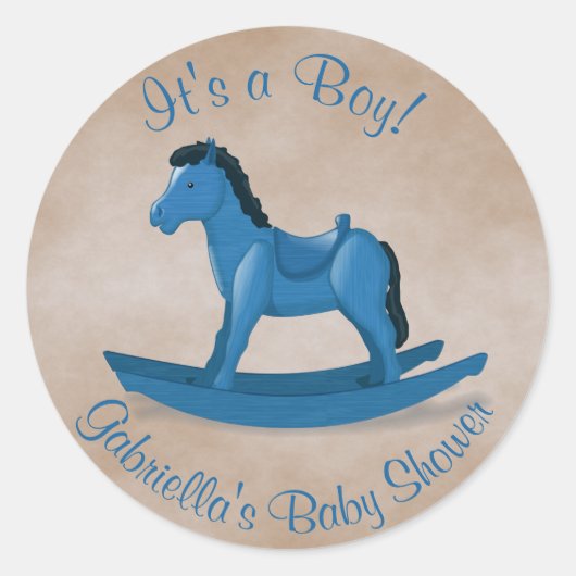 Blauw schommelend paard baby jongen ronde sticker (Voorkant)