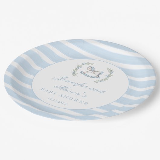 Blauw schommelend paard bohemian baby jongen douch papieren bordje (Gekanteld)