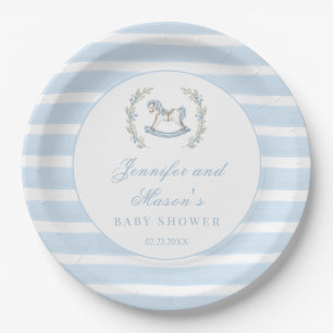 Blauw schommelend paard bohemian baby jongen douch papieren bordje