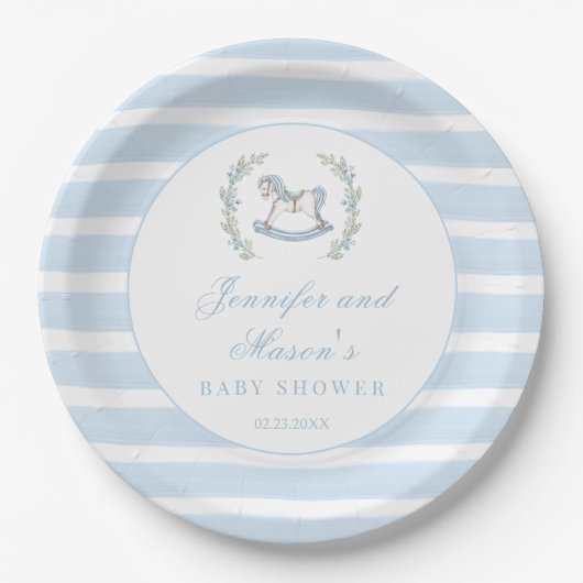Blauw schommelend paard bohemian baby jongen douch papieren bordje (Voorkant)