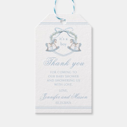 Blauw schommelend paard boho baby jongen douche da cadeaulabel (Voorkant)