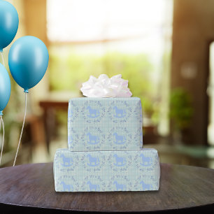 Blauw schommelend paard cirkelvormige tekst cadeaupapier