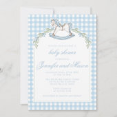 Blauw schommelend paard gingham boho baby jongen d kaart (Voorkant)