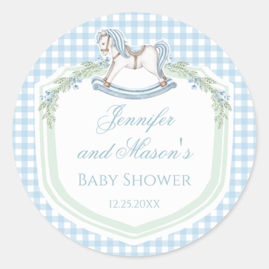 Blauw schommelend paard gingham preppy baby boy do ronde sticker (Voorkant)
