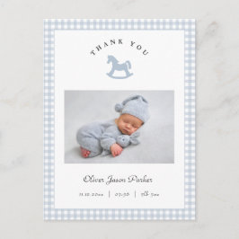 Blauw schommelpaard Gingham Jongens Geboorteaankon Briefkaart