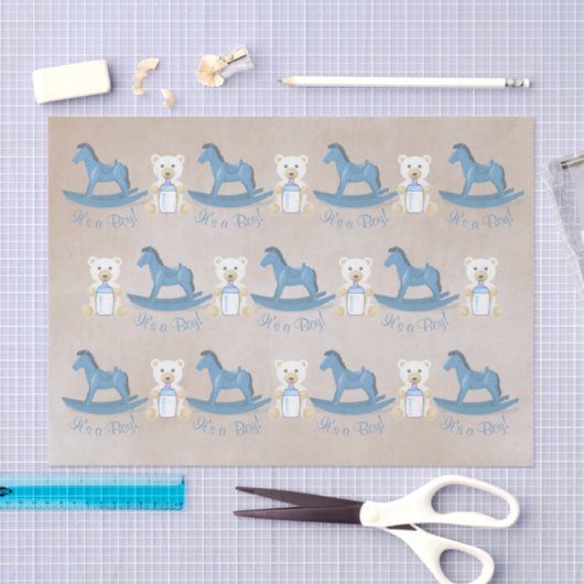 Blauw schommelpaard HET IS EEN JONGEN! Tissuepapier (Craft)