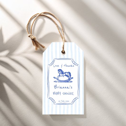 Blauw schommelpaard schets baby shower gunst cadeaulabel