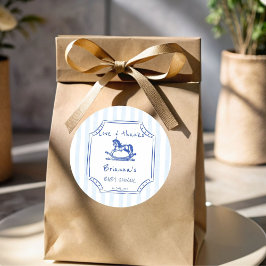 Blauw schommelpaard schets baby shower gunst ronde sticker