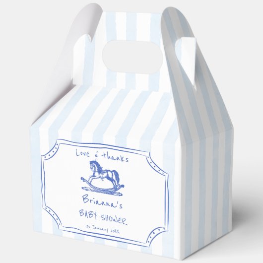 Blauw schommelpaard schets baby shower gunsten bedankdoosjes (Voorkant)