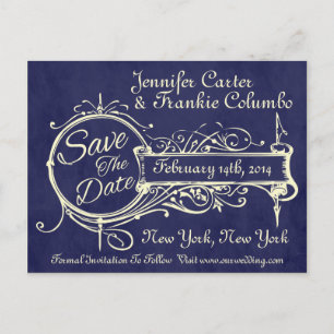 Blauw schoolbord Save The Date in vintage stijl Aankondigingskaart