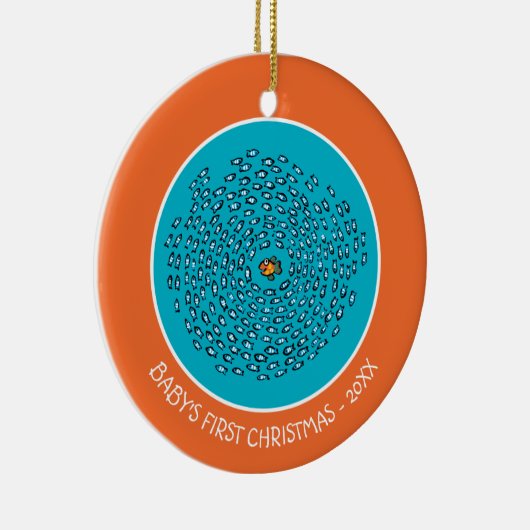 Blauw schoolpatroon met kleine Oranje vis Keramisch Ornament (Rechts)