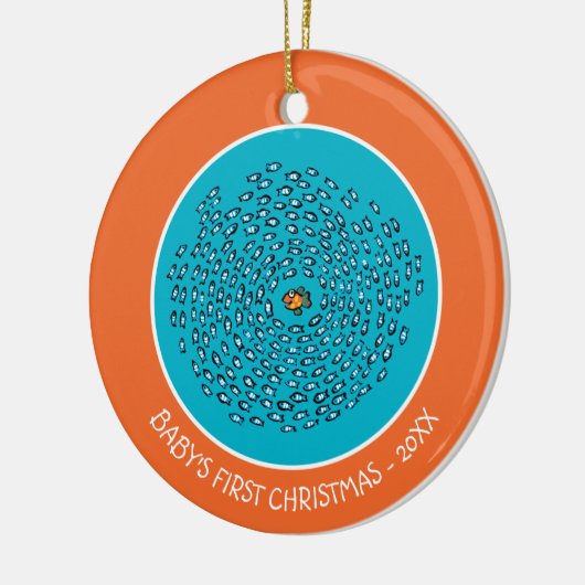 Blauw schoolpatroon met kleine Oranje vis Keramisch Ornament (Links)