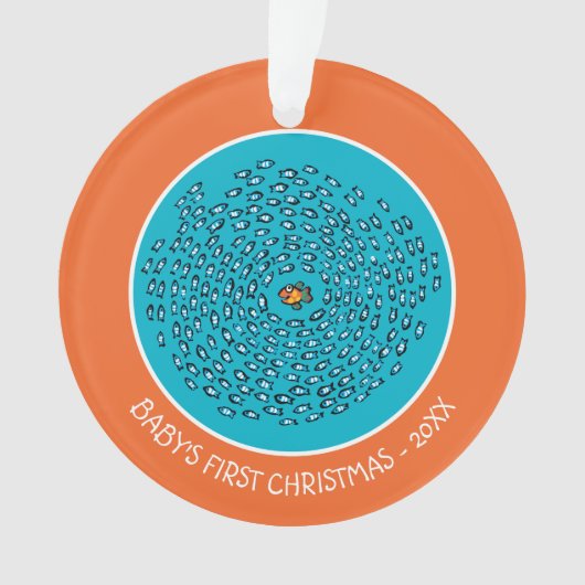 Blauw schoolpatroon met kleine Oranje vis Ornament (voorkant)