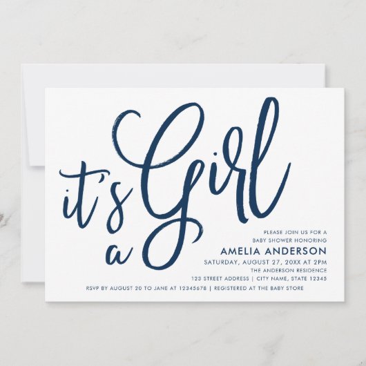 Blauw schrift en roze Het is een meisje Baby Showe Kaart (Voorkant)